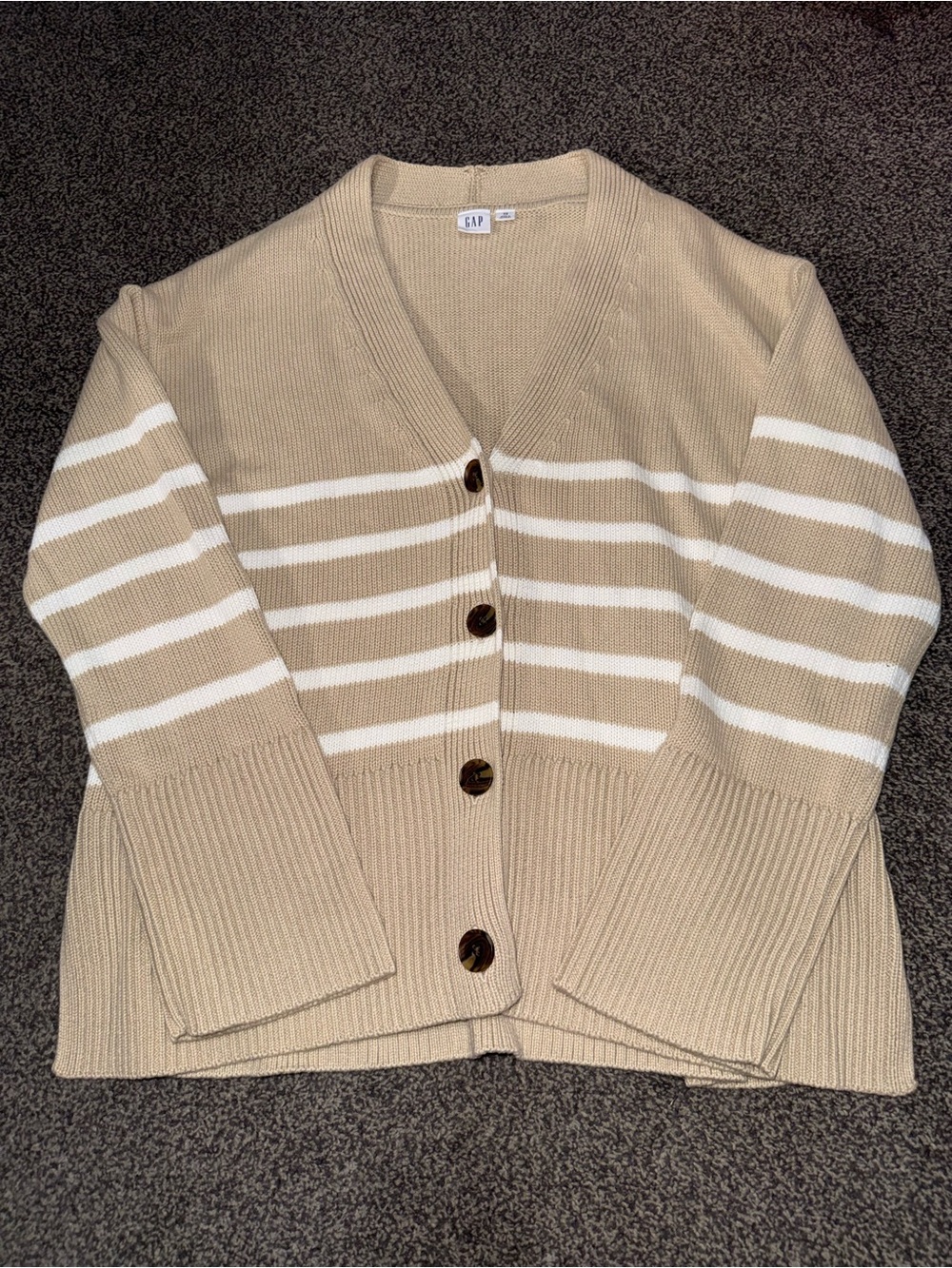 GAP Womens XS Chunky Knit Cardigan Sweater Beige White Striped Button Front